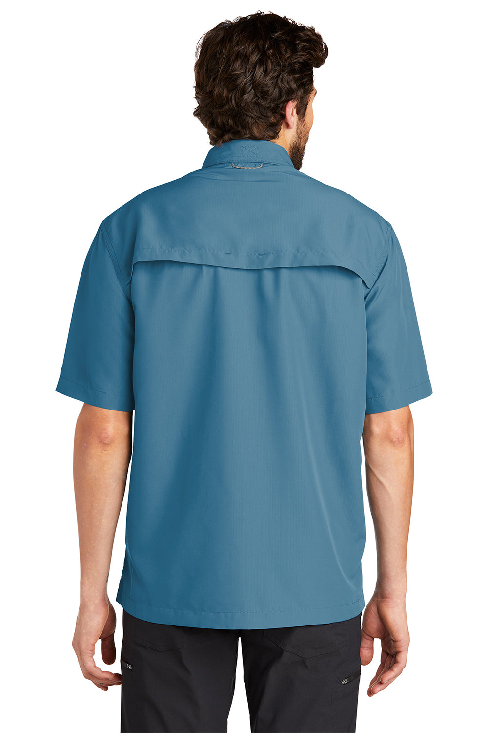 Eddie Bauer EB602 Mens Performance Fishing Moisture Wicking Short Sleeve Button Down Shirt w/ Double Pockets Gulf Teal Blue Model Back