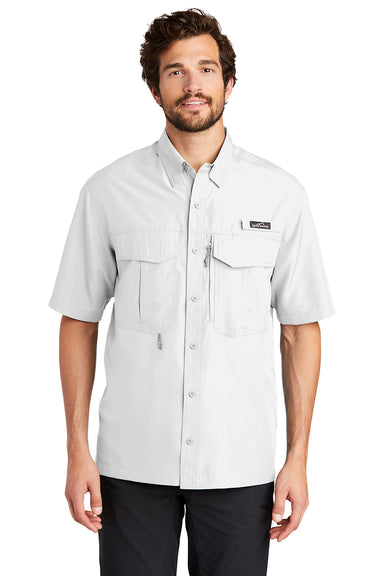 Eddie Bauer EB602 Mens Performance Fishing Moisture Wicking Short Sleeve Button Down Shirt w/ Double Pockets White Model Front