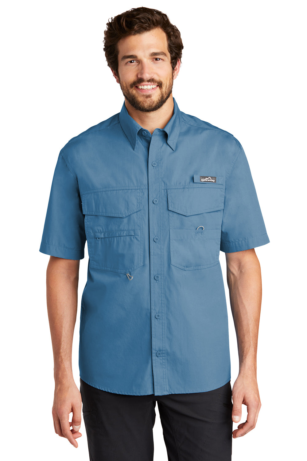 Eddie Bauer EB608 Mens Blue Gill Fishing Short Sleeve Button Down Shirt w/  Double Pockets —