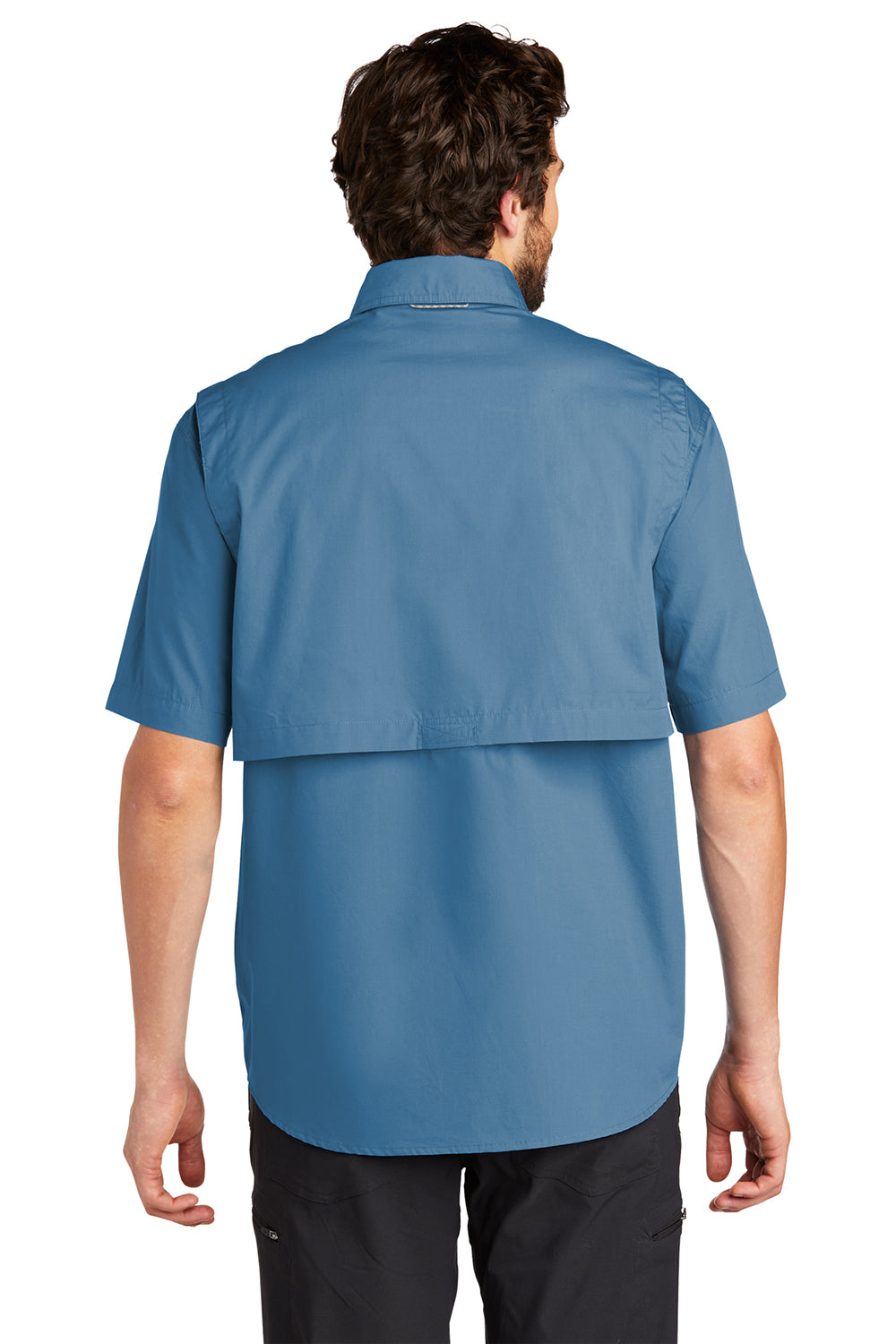 Eddie Bauer EB608 Mens Fishing Short Sleeve Button Down Shirt w/ Double Pockets Blue Gill Model Back