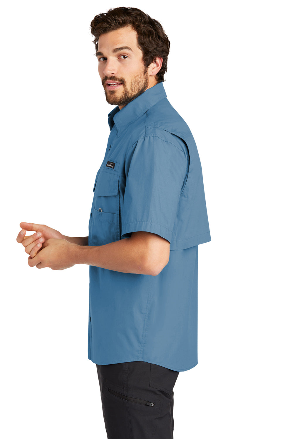 Eddie Bauer EB608 Mens Fishing Short Sleeve Button Down Shirt w/ Double Pockets Blue Gill Model Side