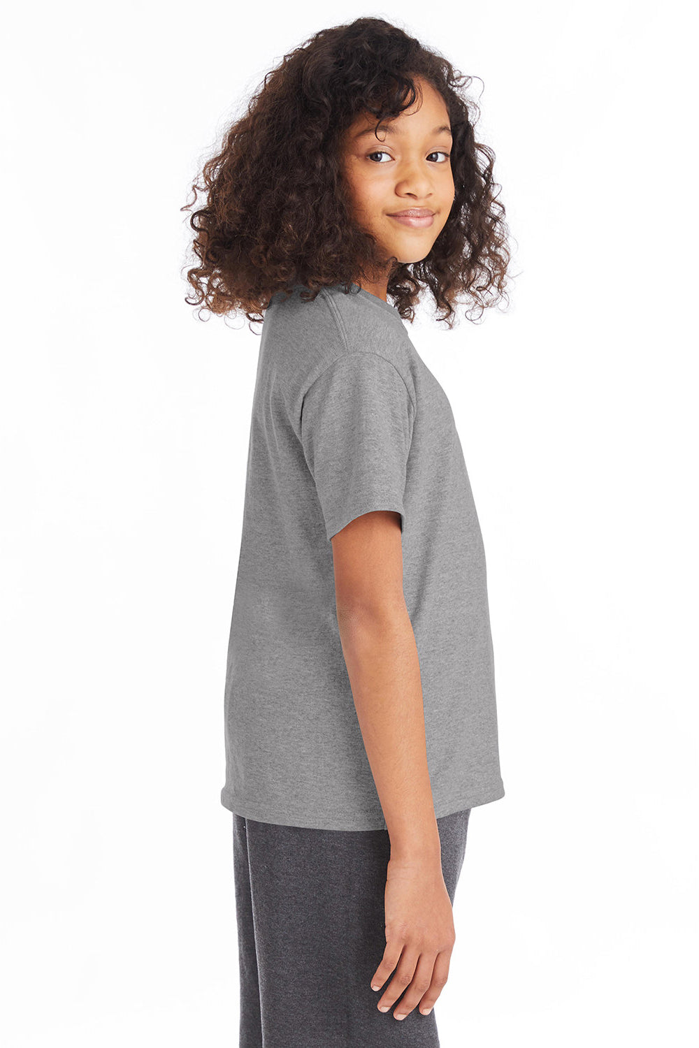 Hanes 5370 Youth EcoSmart Short Sleeve Crewneck T-Shirt Oxford Grey Model Side