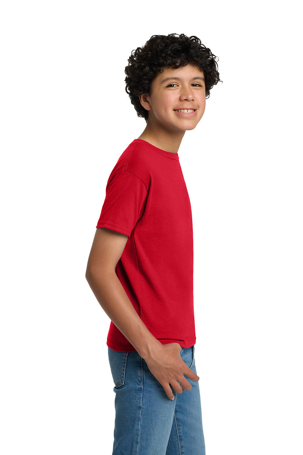 Hanes 5370 Youth EcoSmart Short Sleeve Crewneck T-Shirt Deep Red Model Side