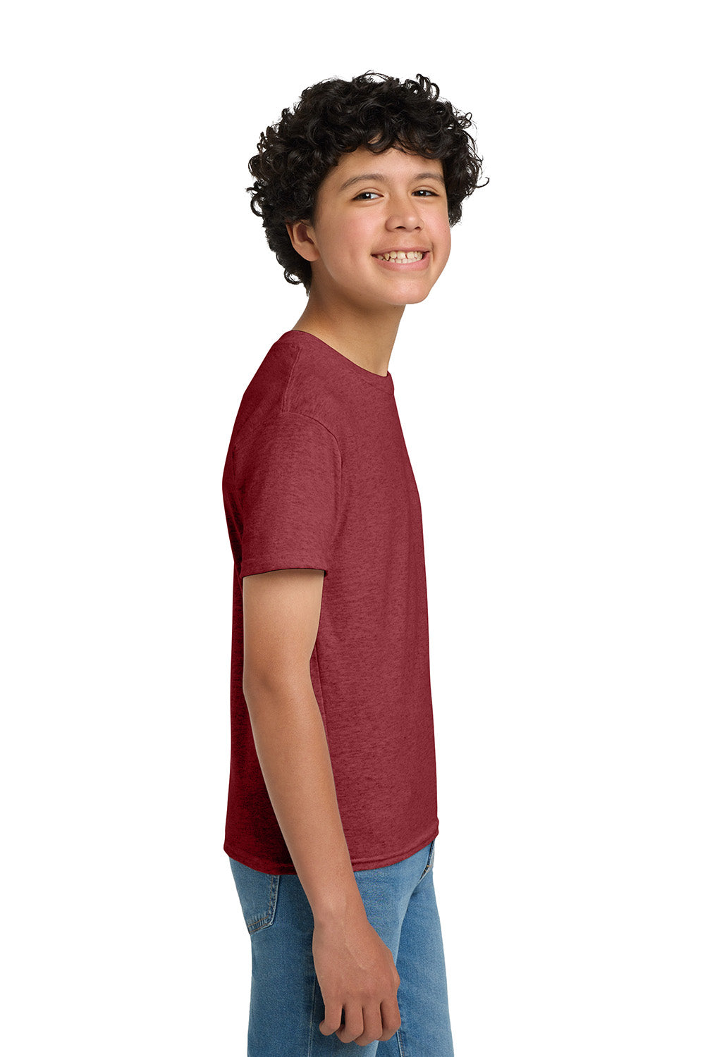 Hanes 5370 Youth EcoSmart Short Sleeve Crewneck T-Shirt Heather Red Model Side