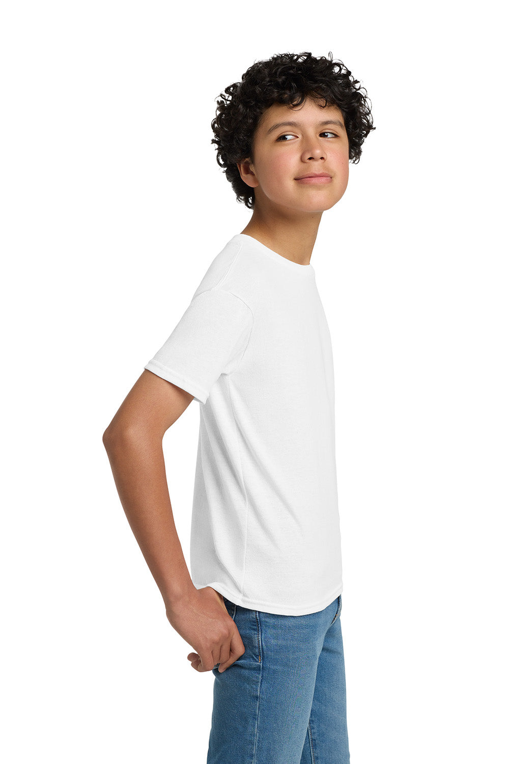 Hanes 5370 Youth EcoSmart Short Sleeve Crewneck T-Shirt White Model Side
