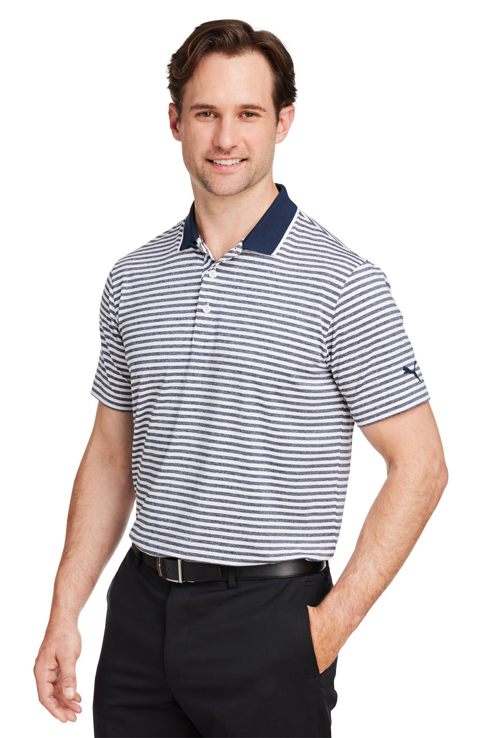 Puma 537447 Mens Mattr Feeder Moisture Wicking Short Sleeve Polo Shirt Navy Blue Model 3q