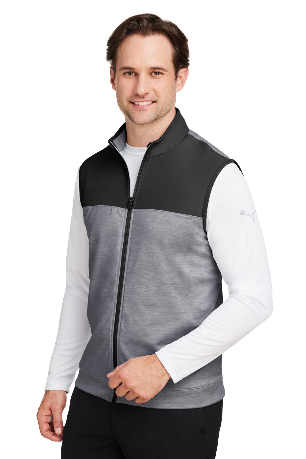 Puma 537465 Mens Cloudspun Moisture Wicking Colorblock Full Zip Vest Black/Quiet Shade Grey Model 3q