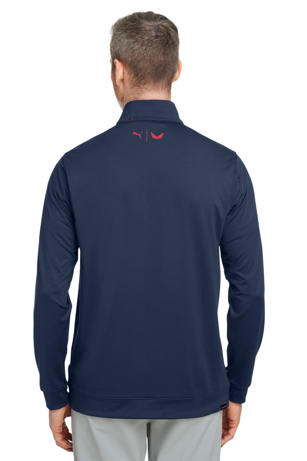 Puma 537472 Mens Volition Moisture Wicking Camo 1/4 Zip Sweatshirt Navy Blue/Ski Patrol Red Model Back