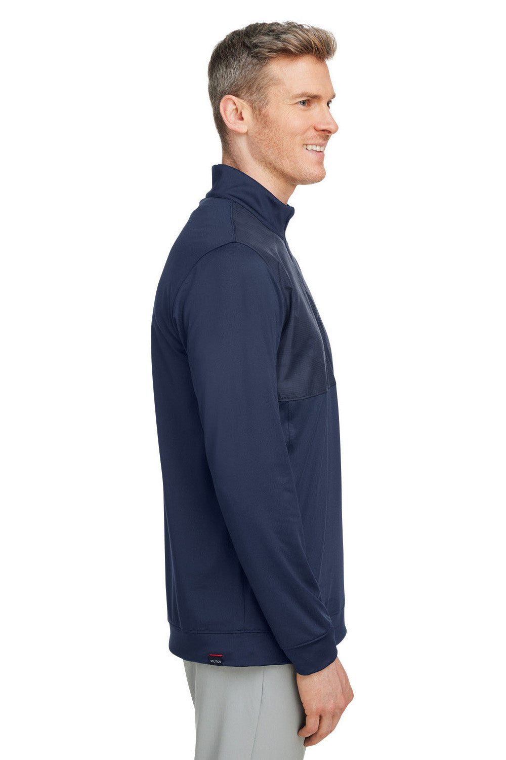 Puma 537472 Mens Volition Moisture Wicking Camo 1/4 Zip Sweatshirt Navy Blue/Ski Patrol Red Model Side