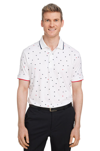 Puma 537477 Mens Volition Skylight Moisture Wicking Short Sleeve Polo Shirt Bright White/Navy Blue/Red Model Front