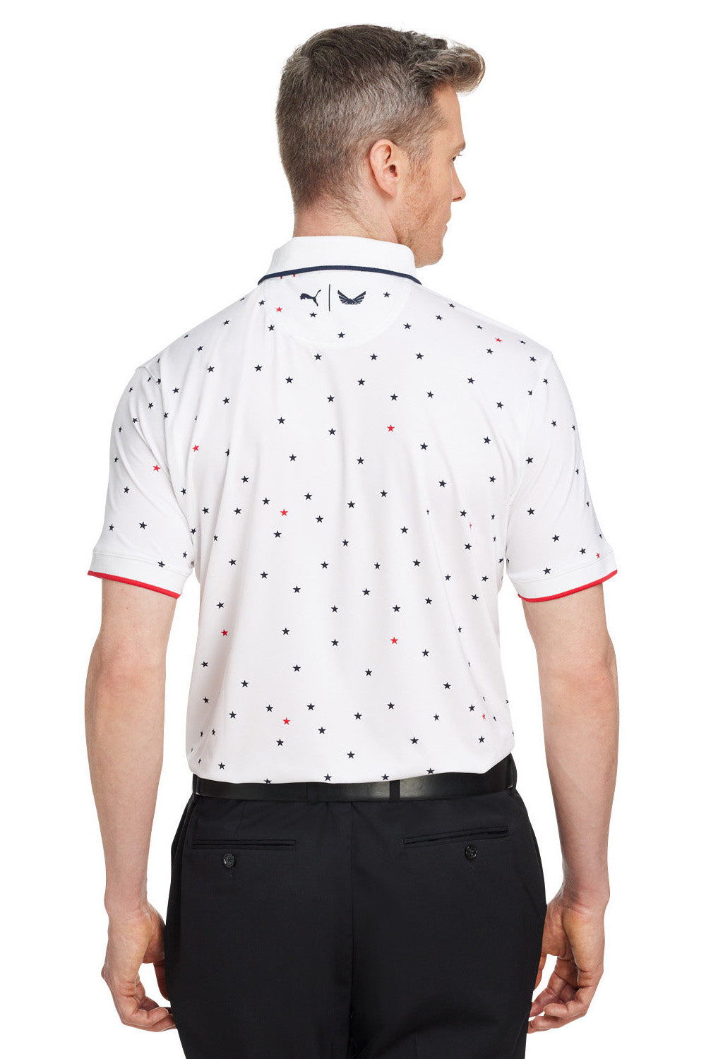 Puma 537477 Mens Volition Skylight Moisture Wicking Short Sleeve Polo Shirt Bright White/Navy Blue/Red Model Back