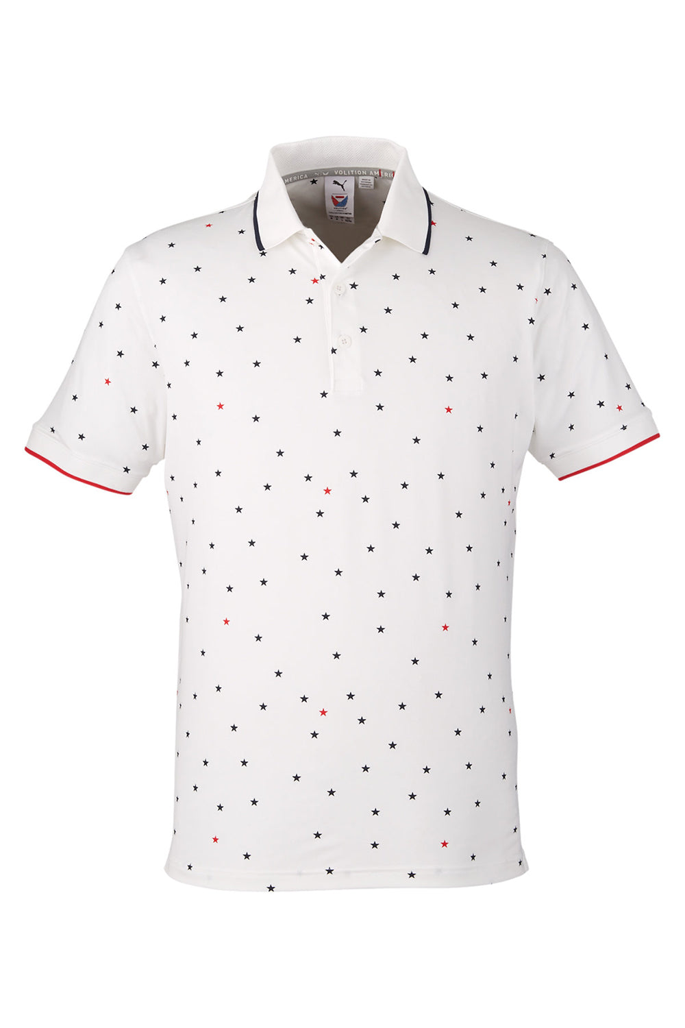 Puma 537477 Mens Volition Skylight Moisture Wicking Short Sleeve Polo Shirt Bright White/Navy Blue/Red Flat Front