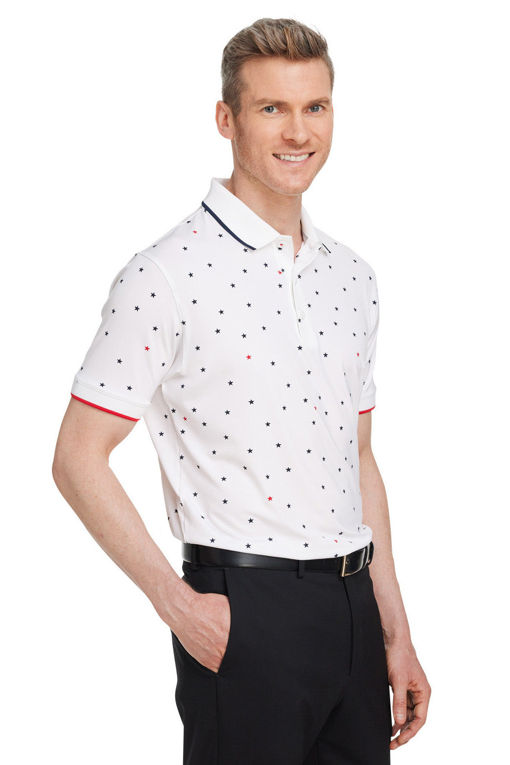 Puma 537477 Mens Volition Skylight Moisture Wicking Short Sleeve Polo Shirt Bright White/Navy Blue/Red Model 3q