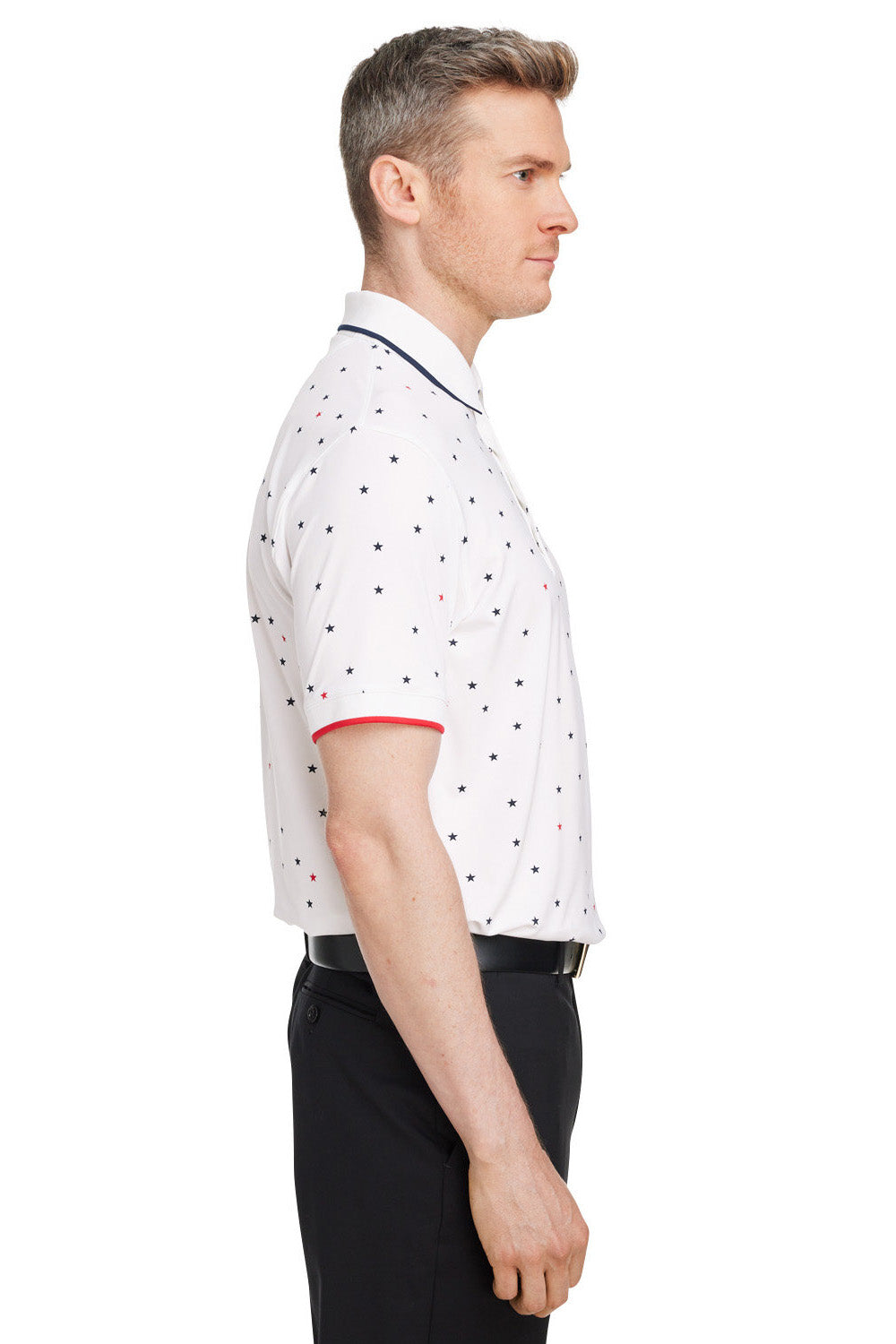 Puma 537477 Mens Volition Skylight Moisture Wicking Short Sleeve Polo Shirt Bright White/Navy Blue/Red Model Side