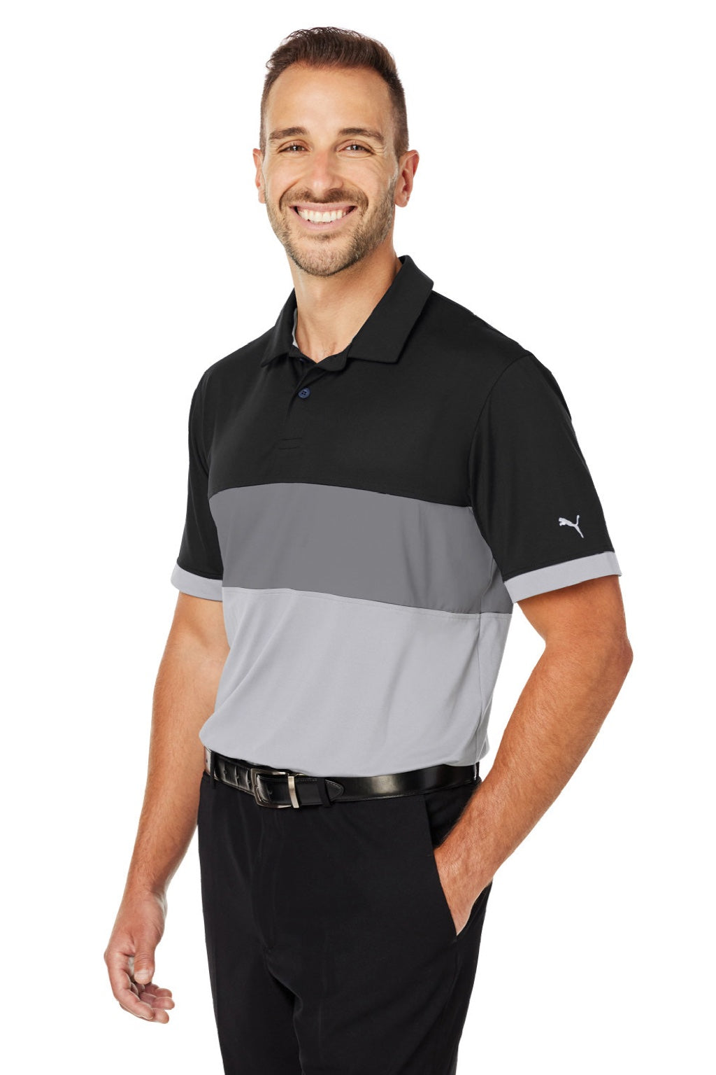 Puma 538930 Mens Cloudspun Highway Moisture Wicking Short Sleeve Polo Shirt Black/Grey Model 3q