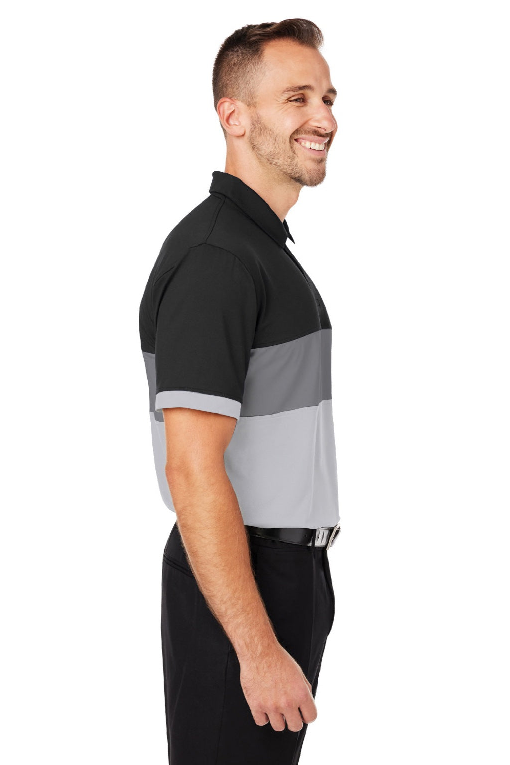 Puma 538930 Mens Cloudspun Highway Moisture Wicking Short Sleeve Polo Shirt Black/Grey Model Side