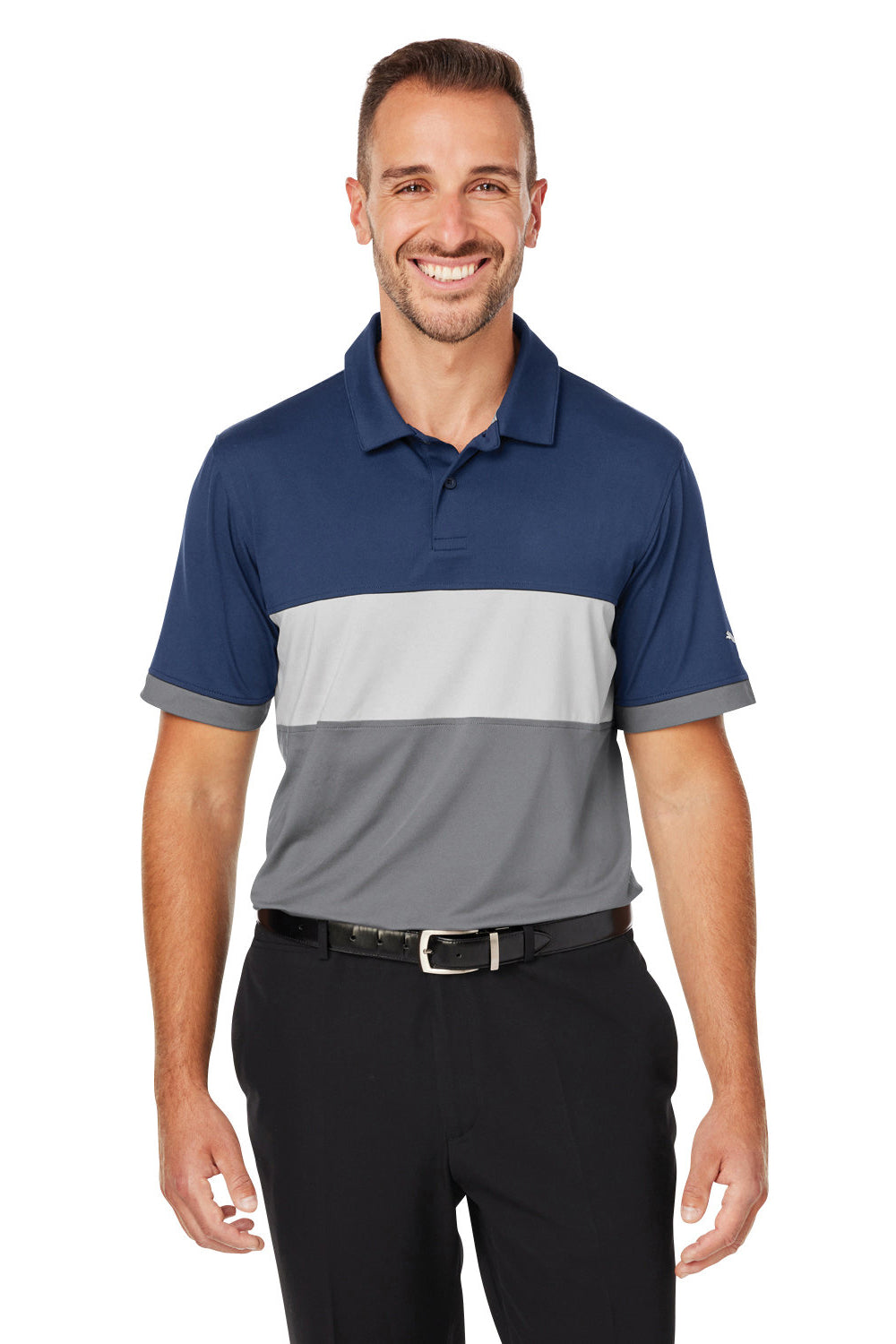 Puma 538930 Mens Cloudspun Highway Moisture Wicking Short Sleeve Polo Shirt Navy Blue Blazer Model Front
