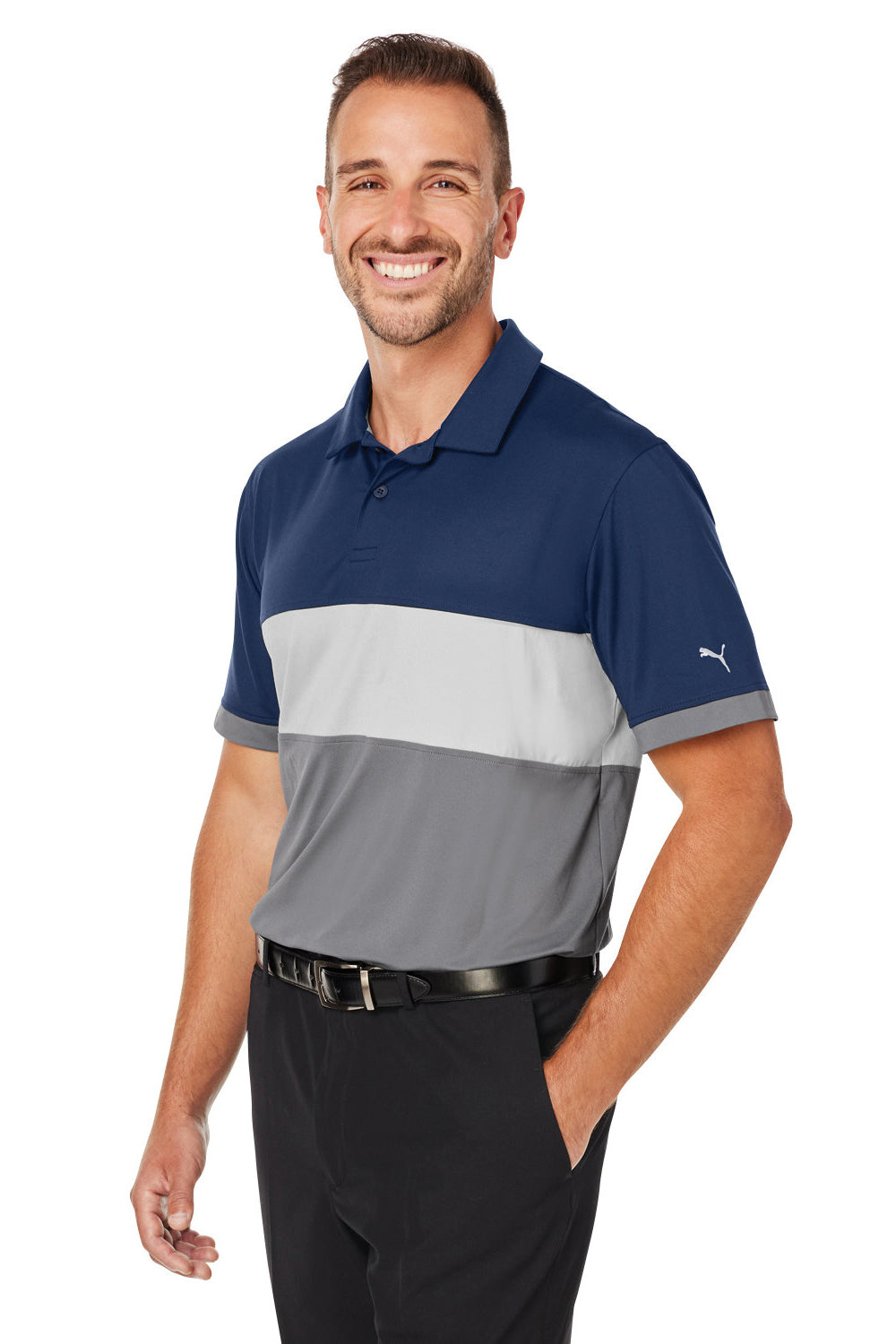 Puma 538930 Mens Cloudspun Highway Moisture Wicking Short Sleeve Polo Shirt Navy Blue Blazer Model 3q