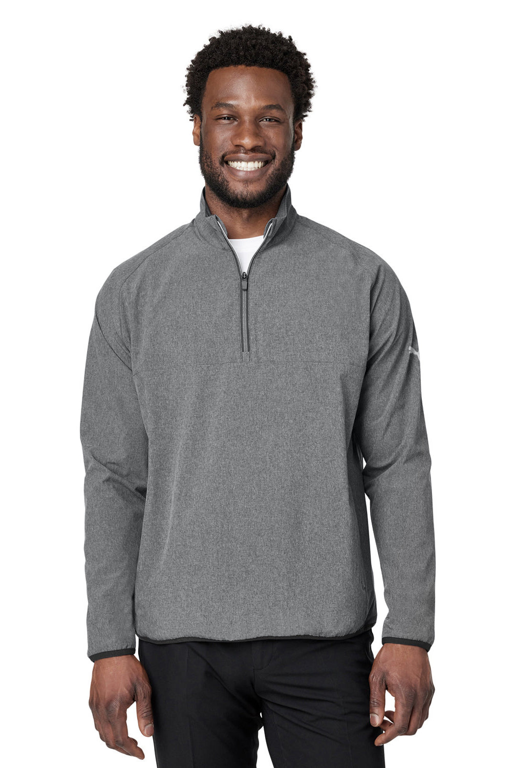 Puma 538931 Mens Coastal Woven Moisture Wicking 1/4 Zip Sweatshirt w/ Pockets Heather Black Model Front
