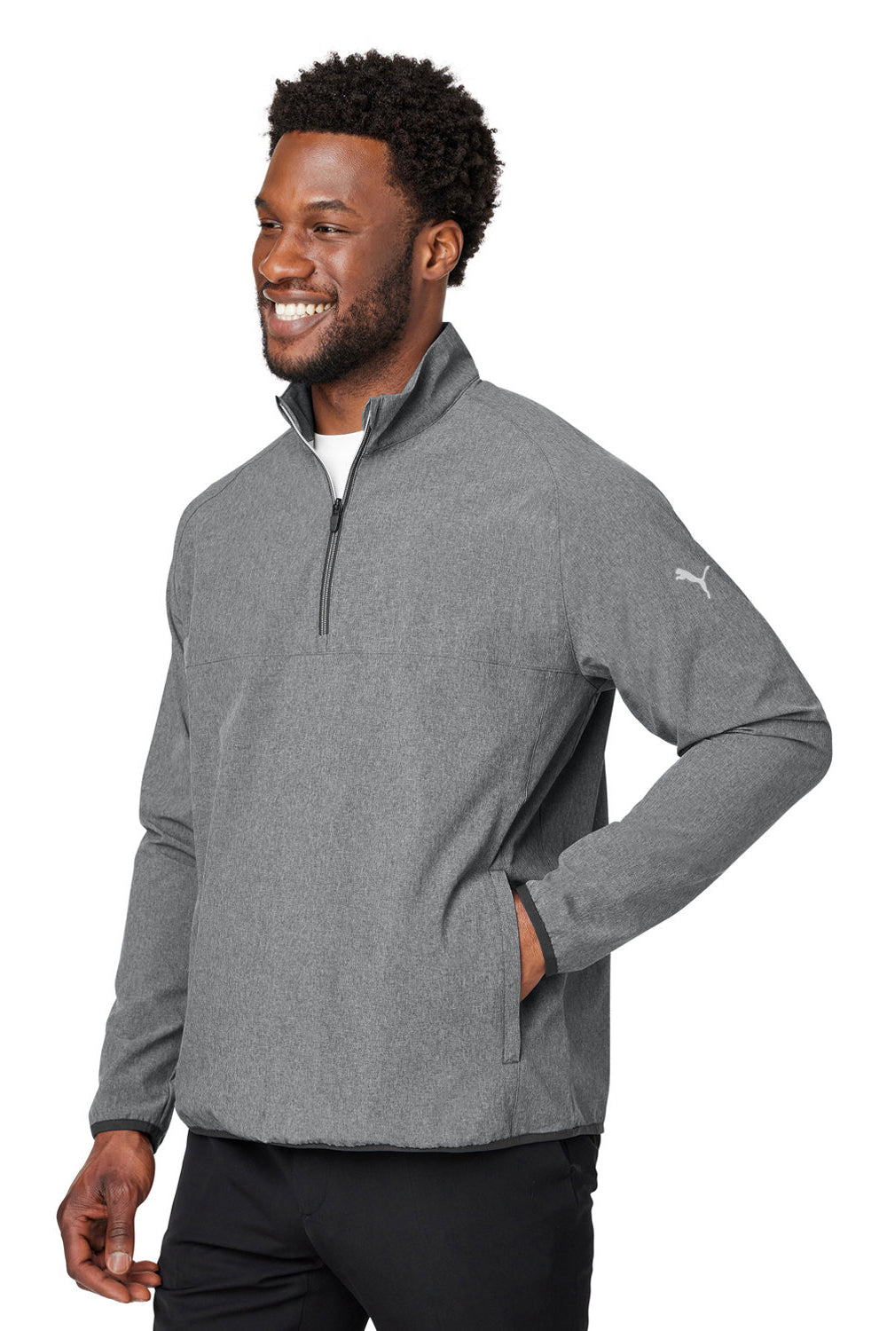 Puma 538931 Mens Coastal Woven Moisture Wicking 1/4 Zip Sweatshirt w/ Pockets Heather Black Model 3q