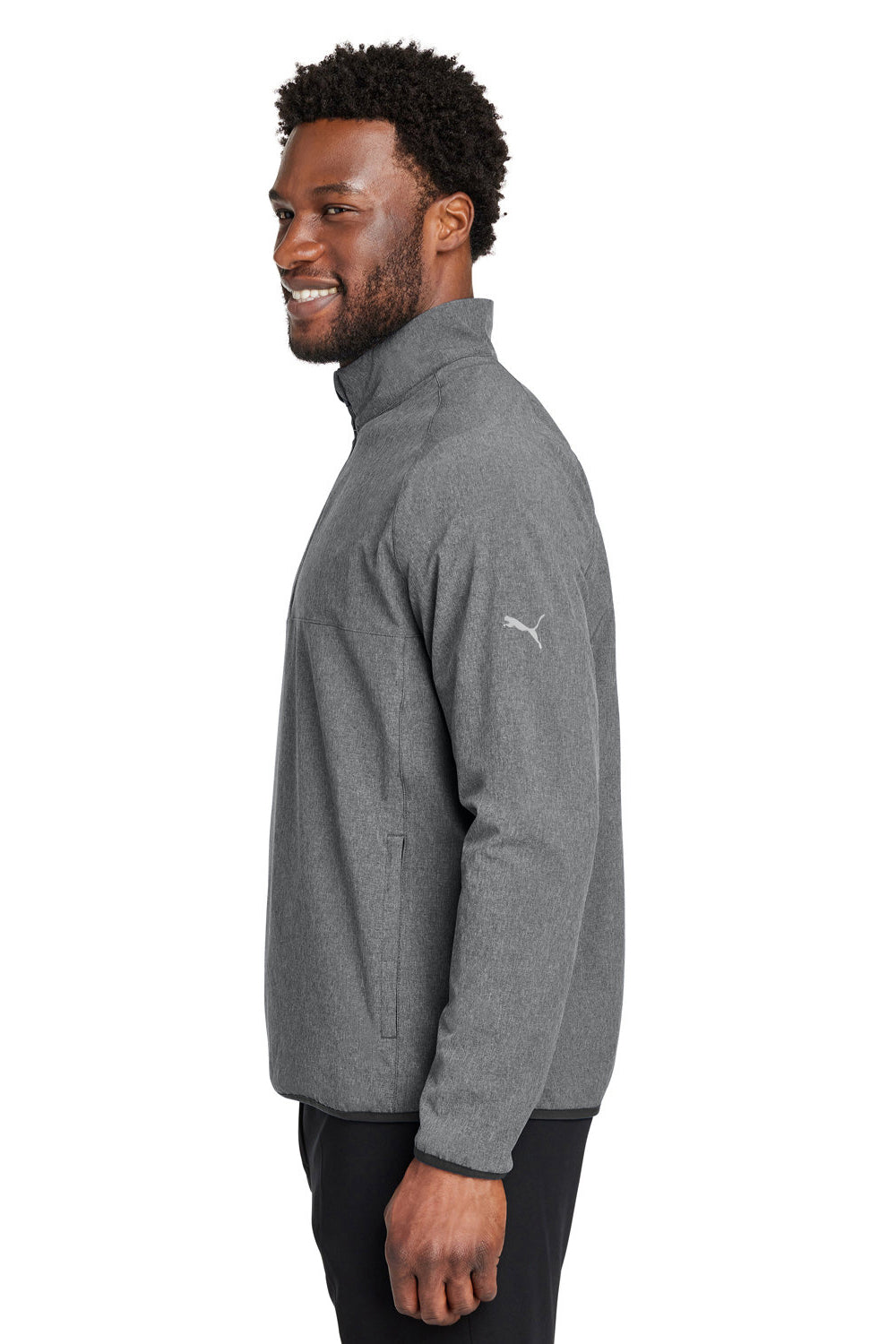 Puma 538931 Mens Coastal Woven Moisture Wicking 1/4 Zip Sweatshirt w/ Pockets Heather Black Model Side