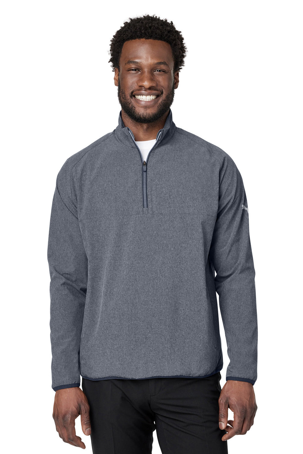 Puma 538931 Mens Coastal Woven Moisture Wicking 1/4 Zip Sweatshirt w/ Pockets Heather Navy Blue Model Front