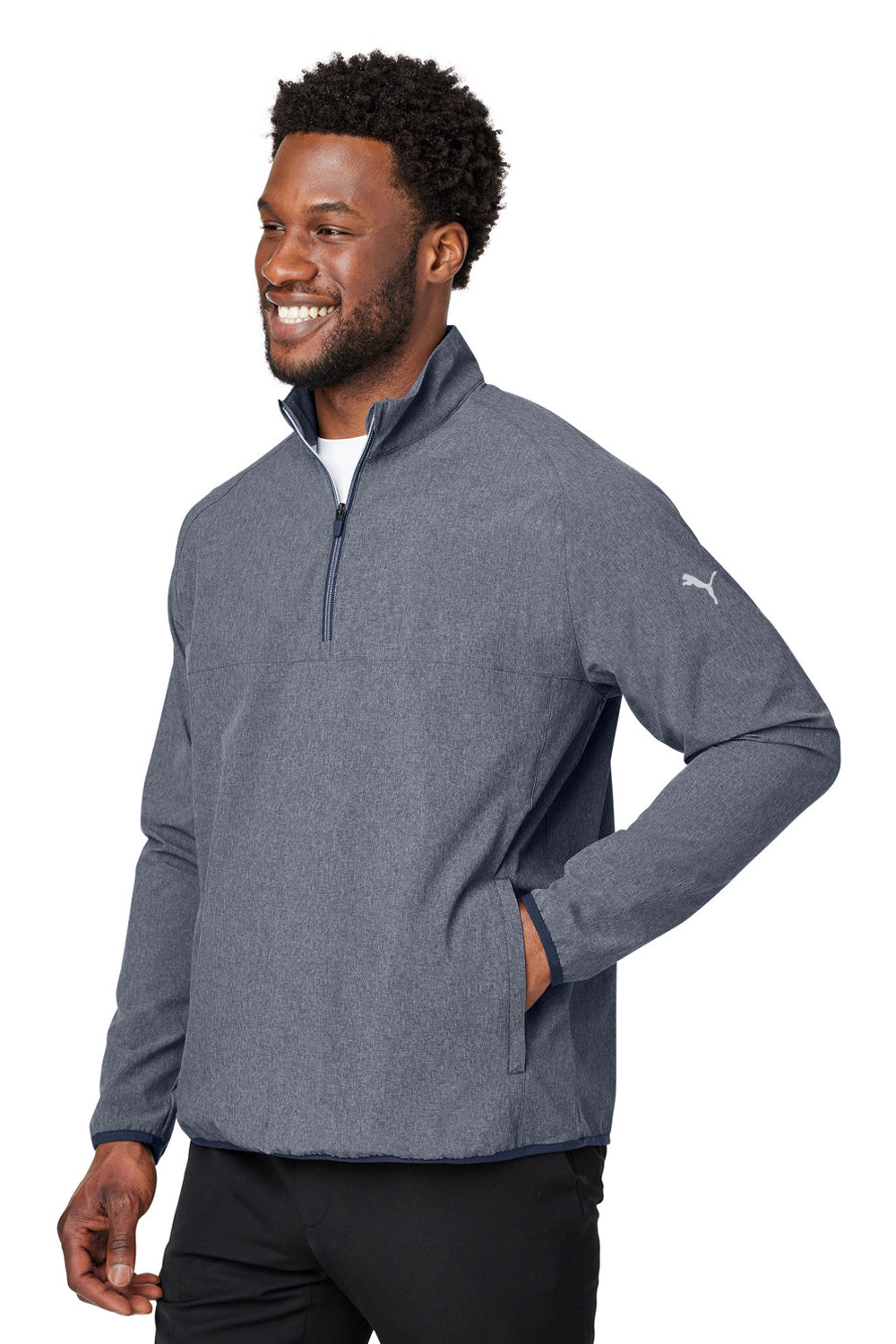 Puma 538931 Mens Coastal Woven Moisture Wicking 1/4 Zip Sweatshirt w/ Pockets Heather Navy Blue Model 3q