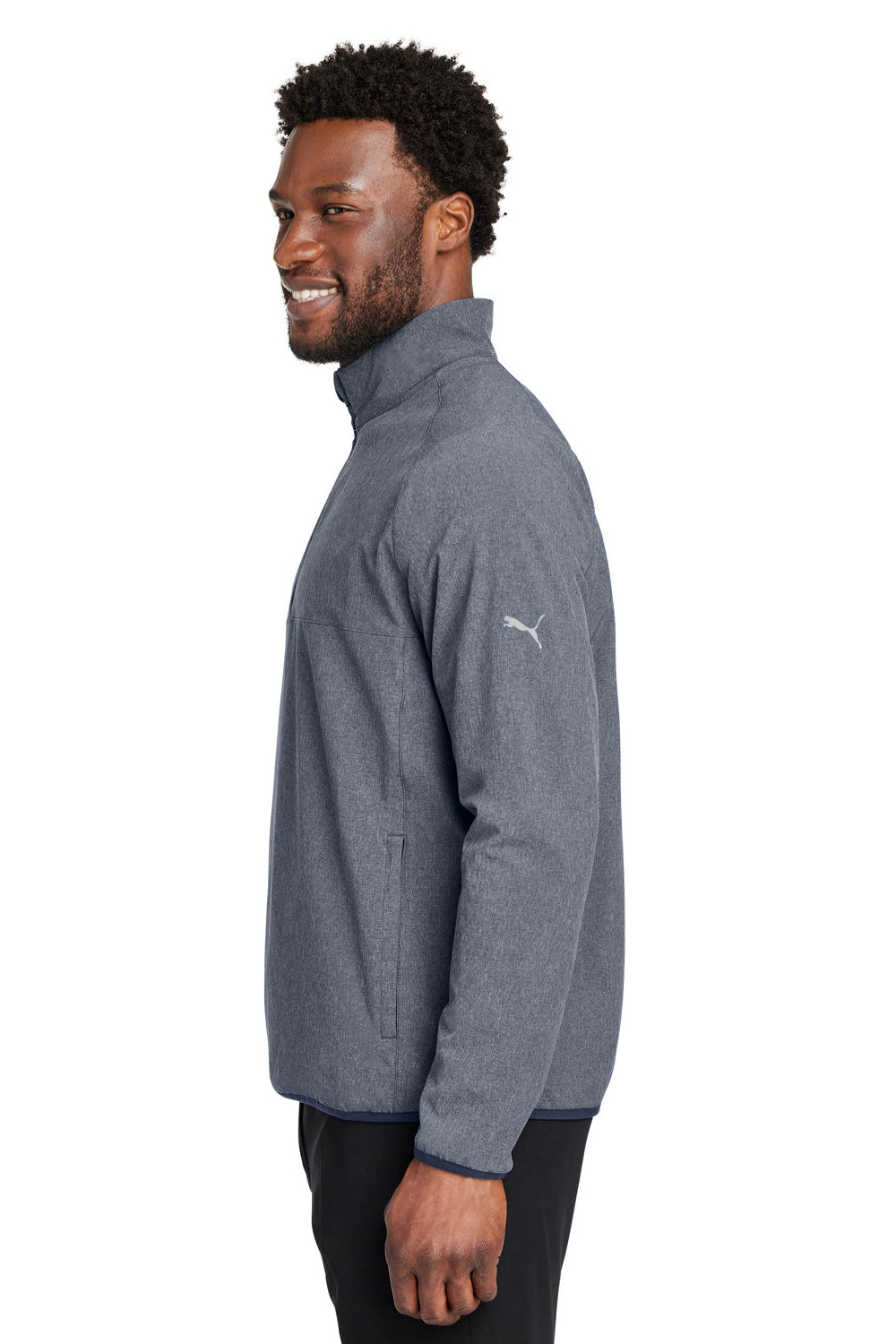 Puma 538931 Mens Coastal Woven Moisture Wicking 1/4 Zip Sweatshirt w/ Pockets Heather Navy Blue Model Side