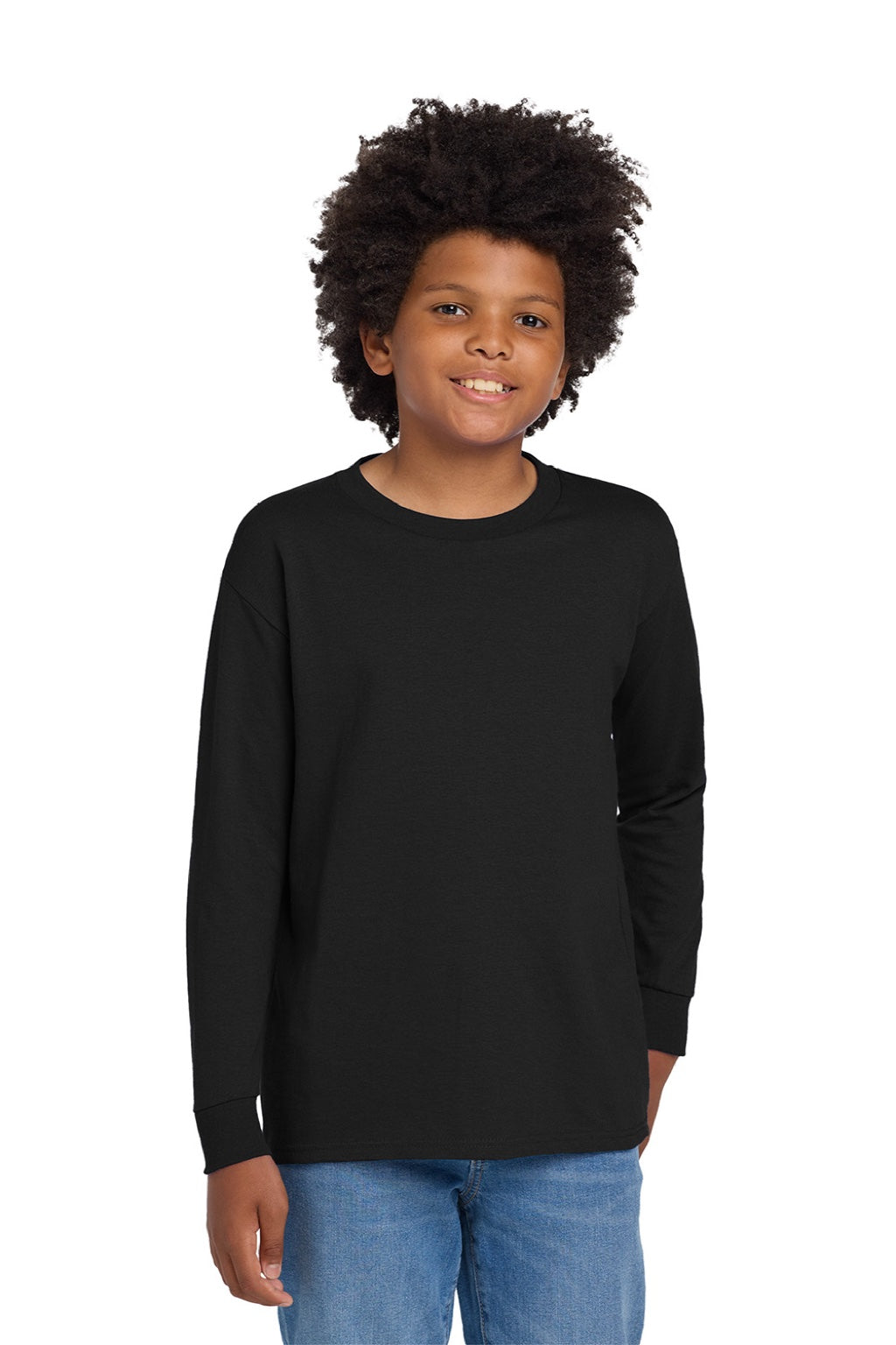 Gildan 5400B Youth Long Sleeve Crewneck T-Shirt Black Model Front