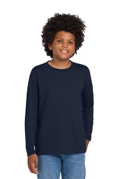 Gildan 5400B Youth Long Sleeve Crewneck T-Shirt Navy Blue Model Front