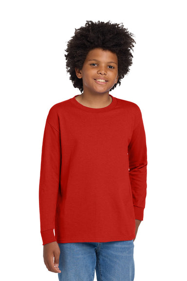 Gildan 5400B Youth Long Sleeve Crewneck T-Shirt Red Model Front