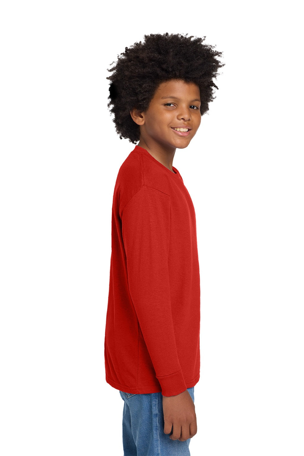 Gildan 5400B Youth Long Sleeve Crewneck T-Shirt Red Model Side