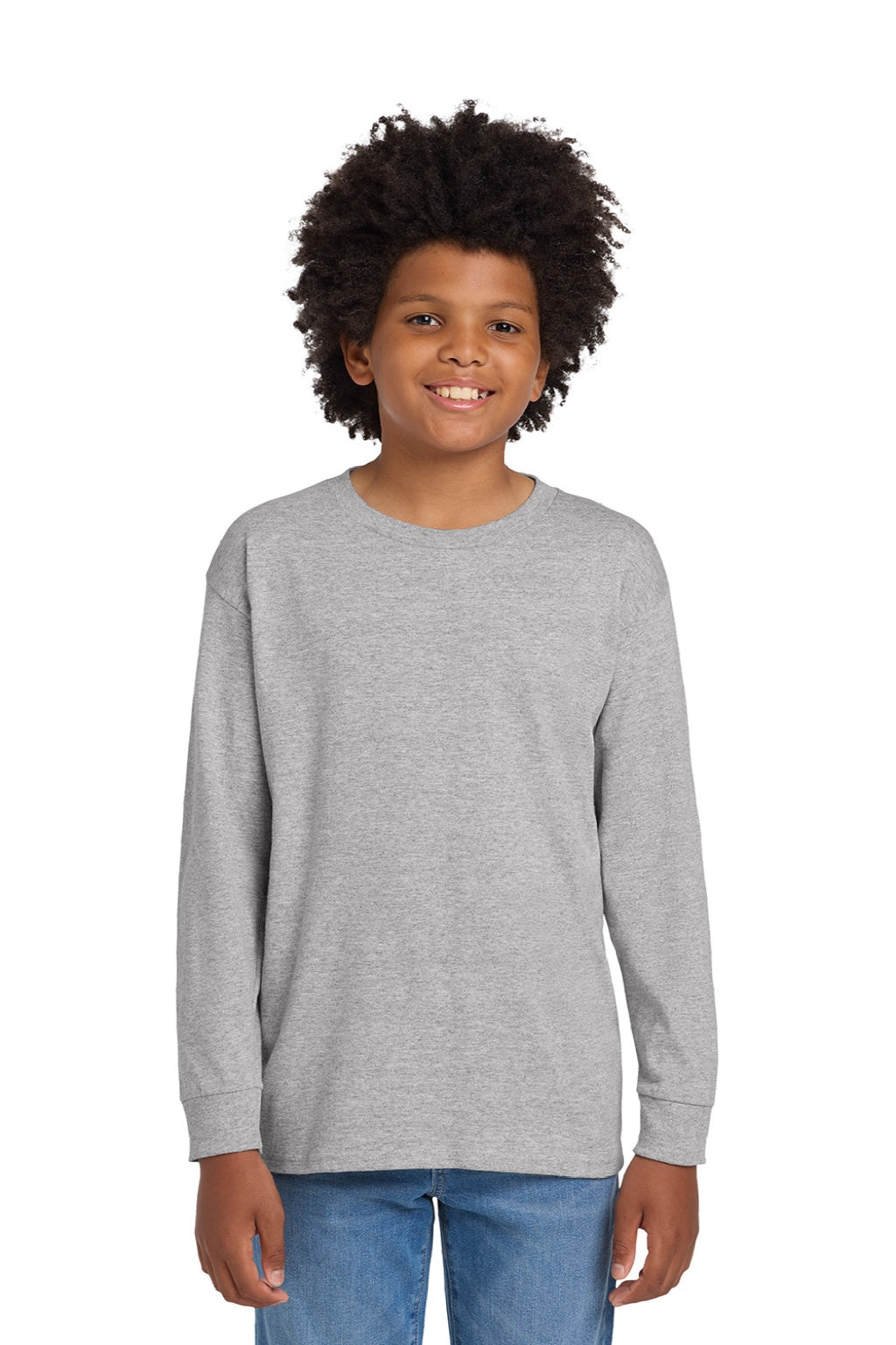Gildan 5400B Youth Long Sleeve Crewneck T-Shirt Sport Grey Model Front