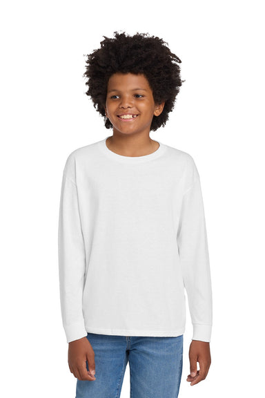 Gildan 5400B Youth Long Sleeve Crewneck T-Shirt White Model Front