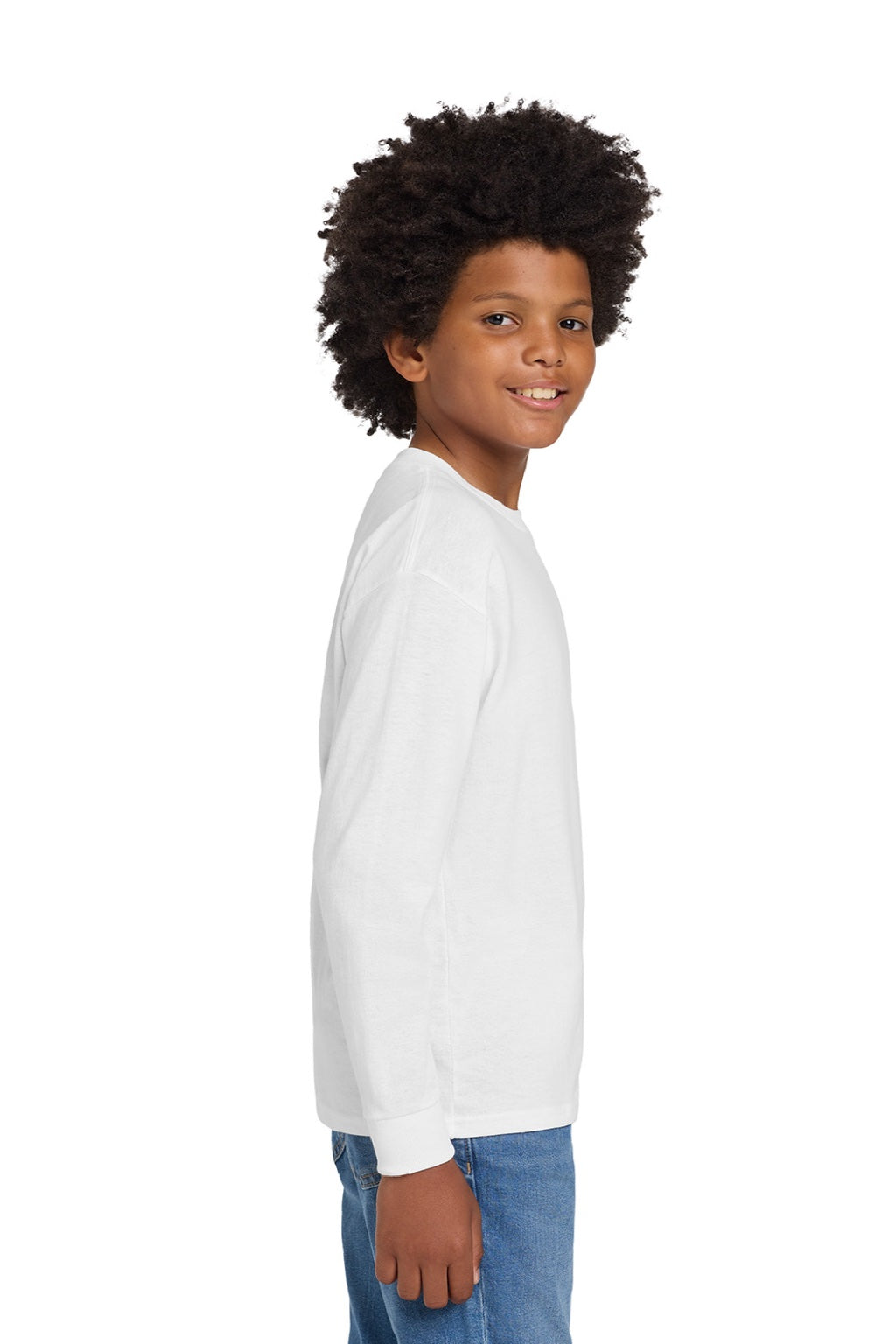 Gildan 5400B Youth Long Sleeve Crewneck T-Shirt White Model Side