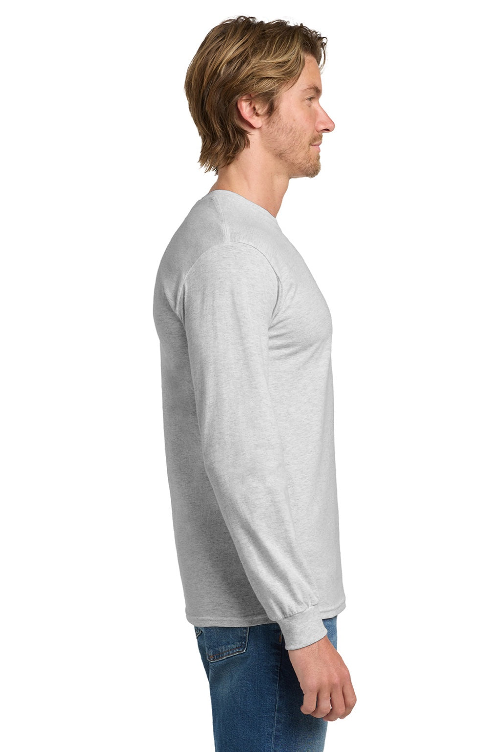 Gildan 5400 Mens Long Sleeve Crewneck T-Shirt Ash Grey Model Side