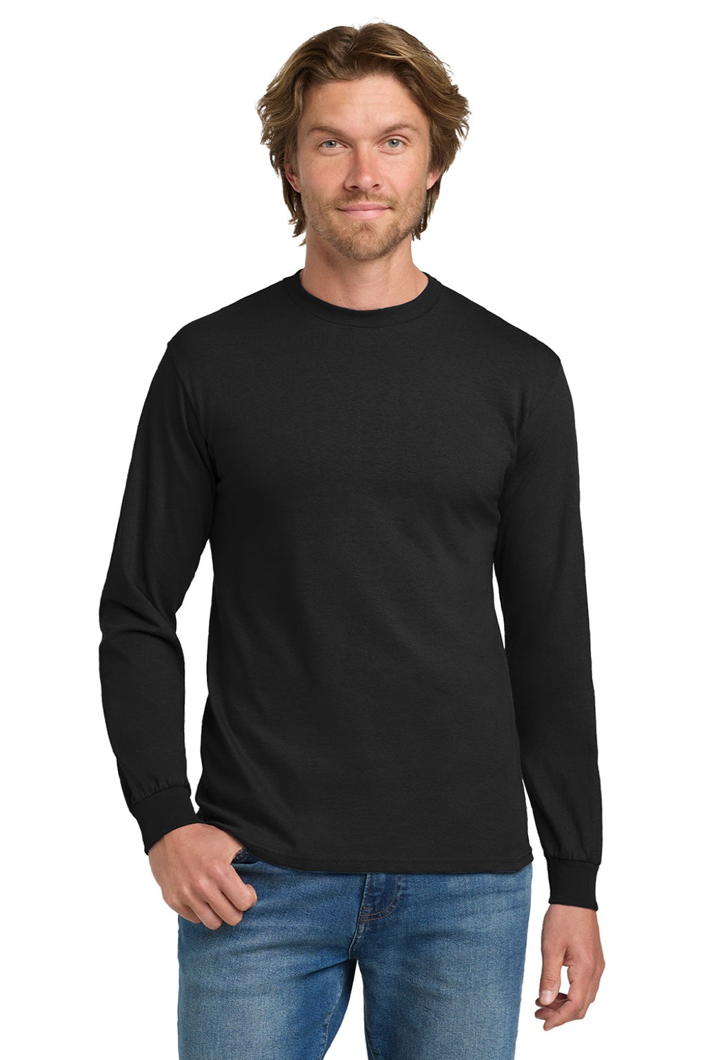 Gildan 5400 Mens Long Sleeve Crewneck T-Shirt Black Model Front