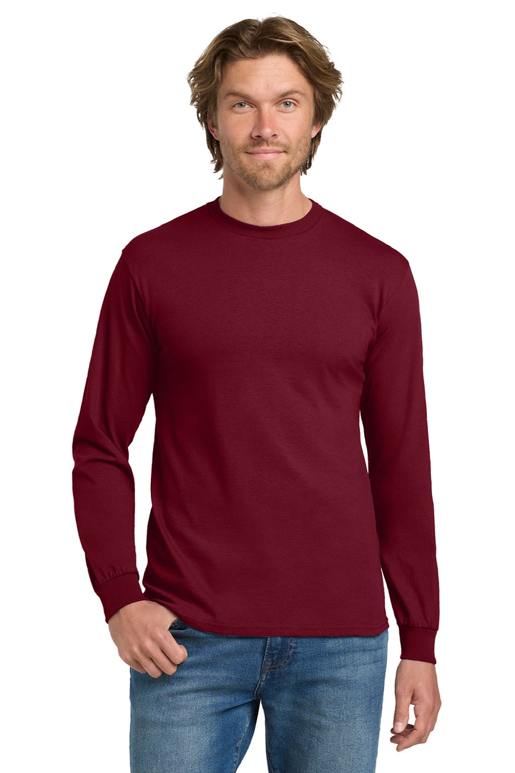 Gildan 5400 Mens Long Sleeve Crewneck T-Shirt Cardinal Red Model Front