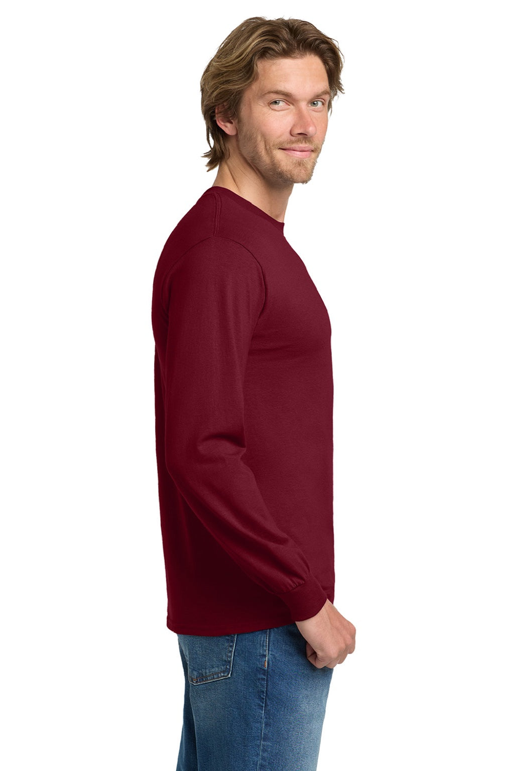 Gildan 5400 Mens Long Sleeve Crewneck T-Shirt Cardinal Red Model Side