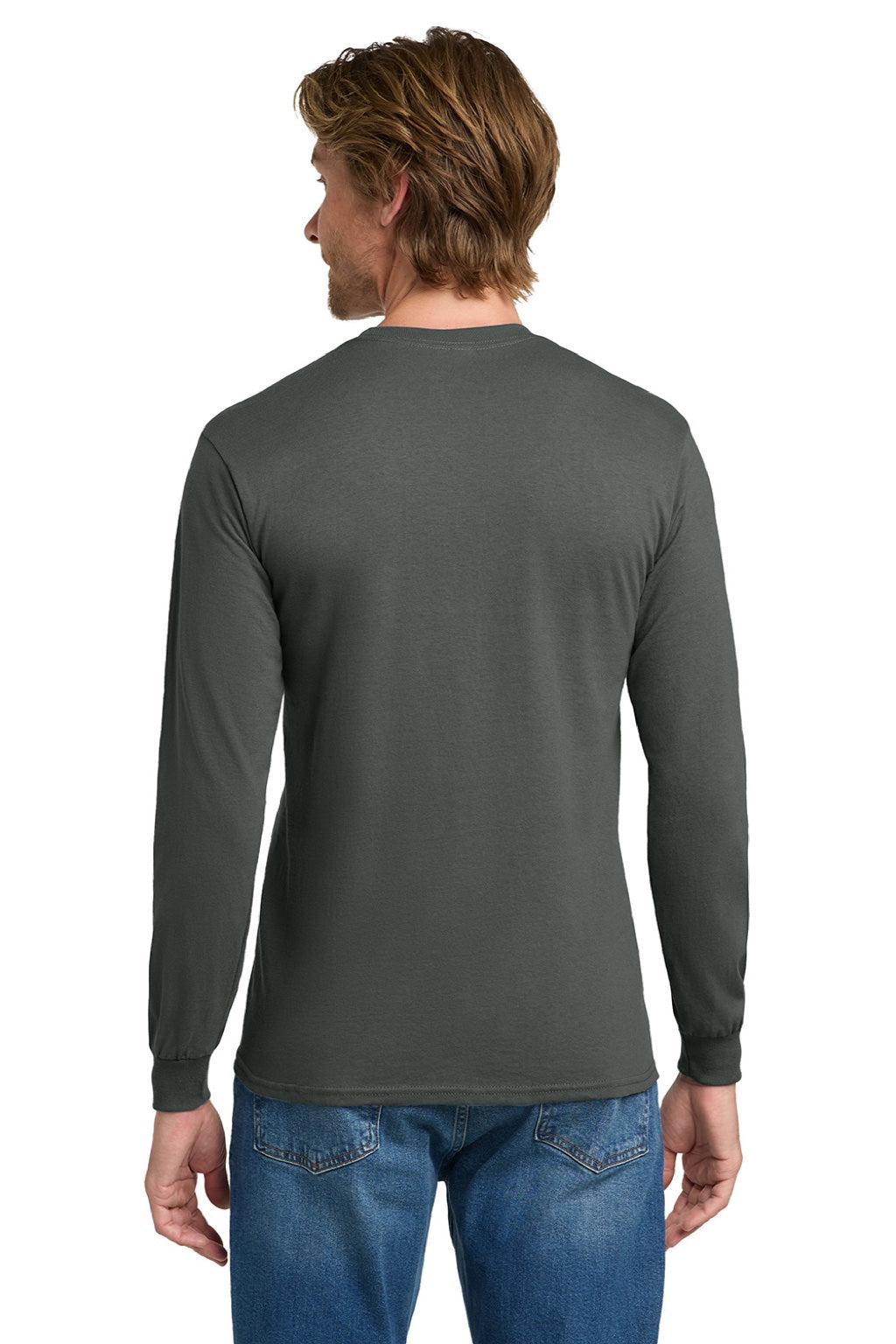 Gildan 5400 Mens Long Sleeve Crewneck T-Shirt Charcoal Grey Model Back