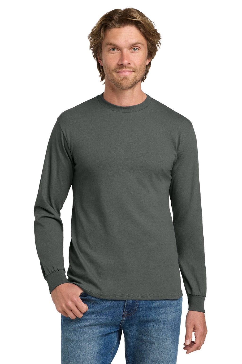 Gildan 5400 Mens Long Sleeve Crewneck T-Shirt Charcoal Grey Model Front