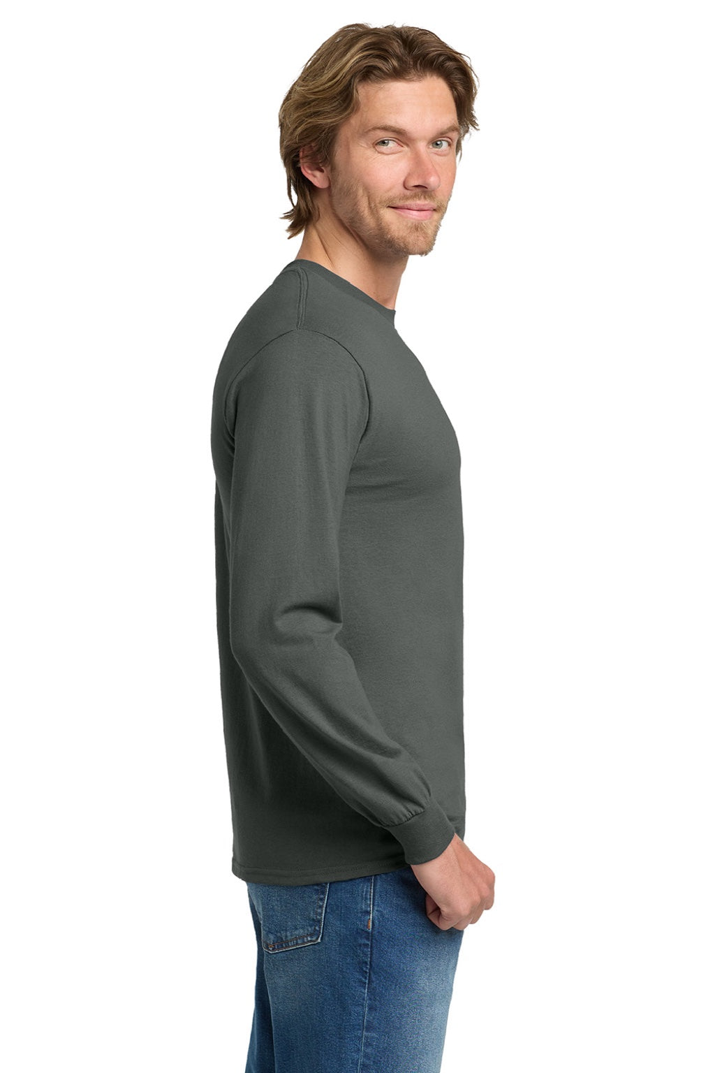 Gildan 5400 Mens Long Sleeve Crewneck T-Shirt Charcoal Grey Model Side