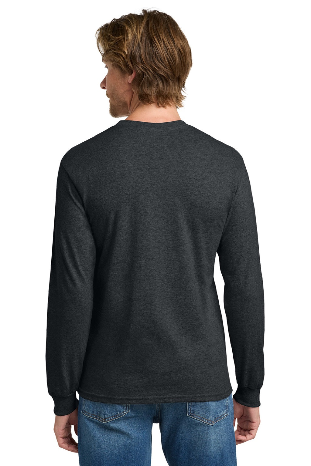 Gildan 5400 Mens Long Sleeve Crewneck T-Shirt Heather Dark Grey Model Back