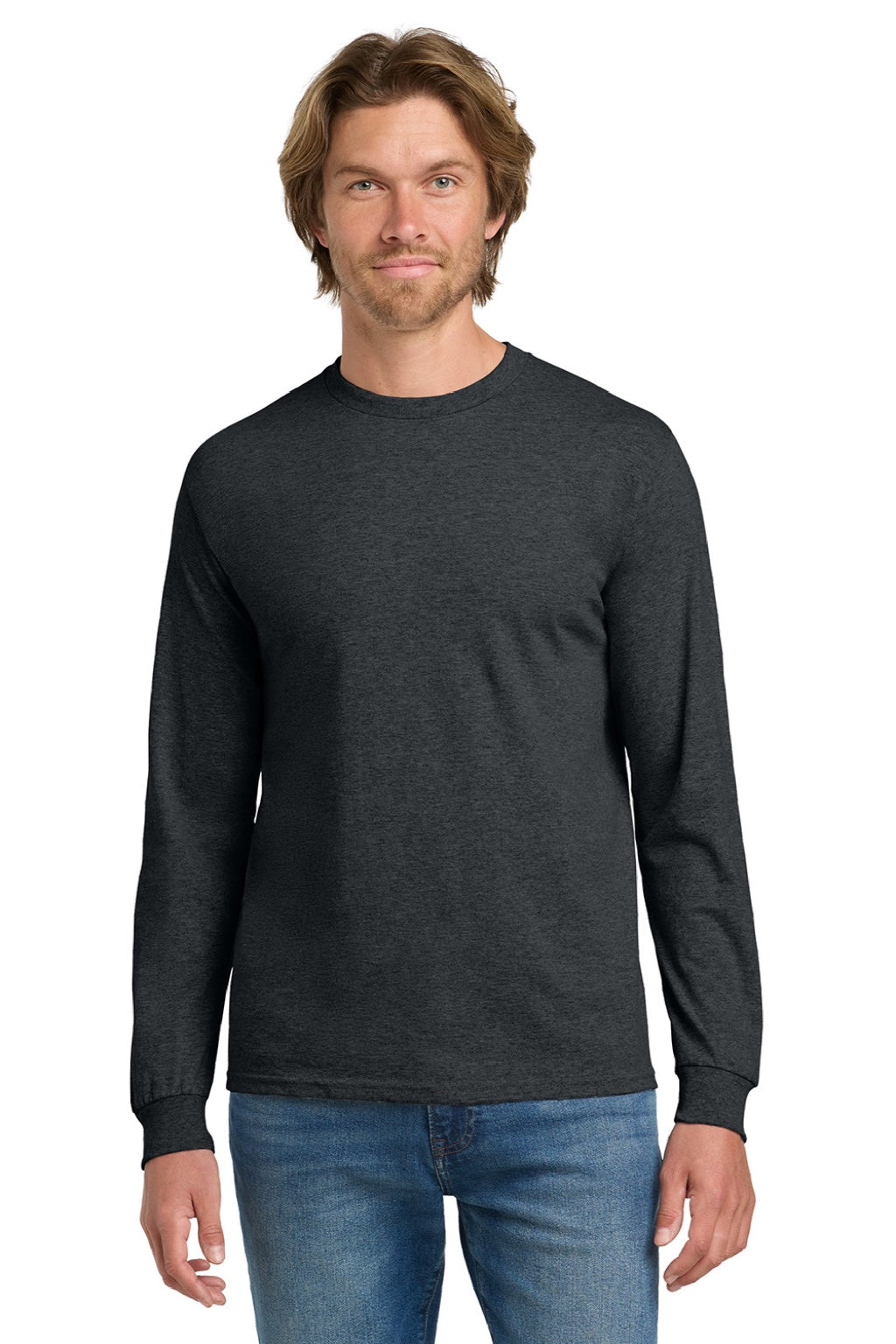Gildan 5400 Mens Long Sleeve Crewneck T-Shirt Heather Dark Grey Model Front