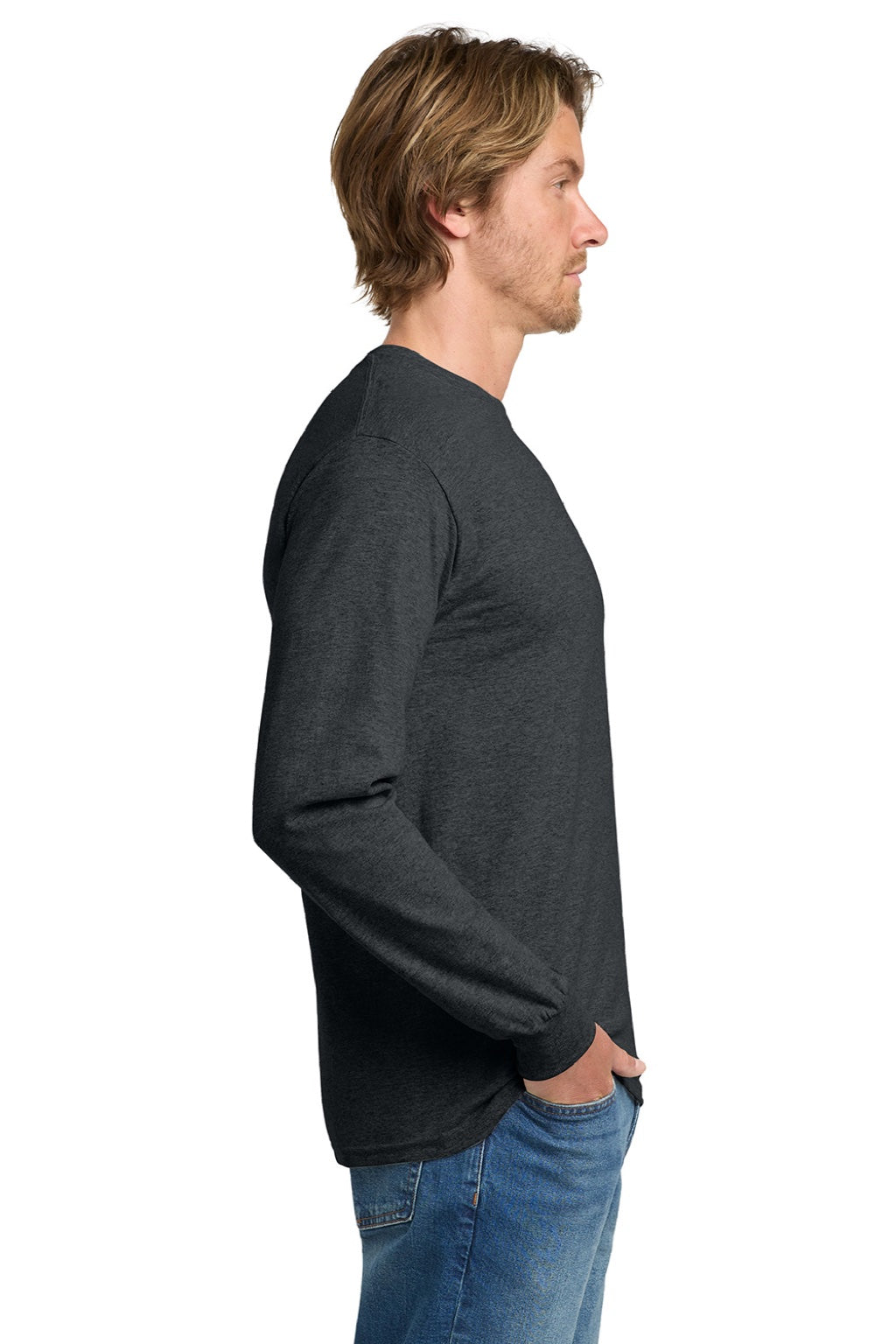 Gildan 5400 Mens Long Sleeve Crewneck T-Shirt Heather Dark Grey Model Side