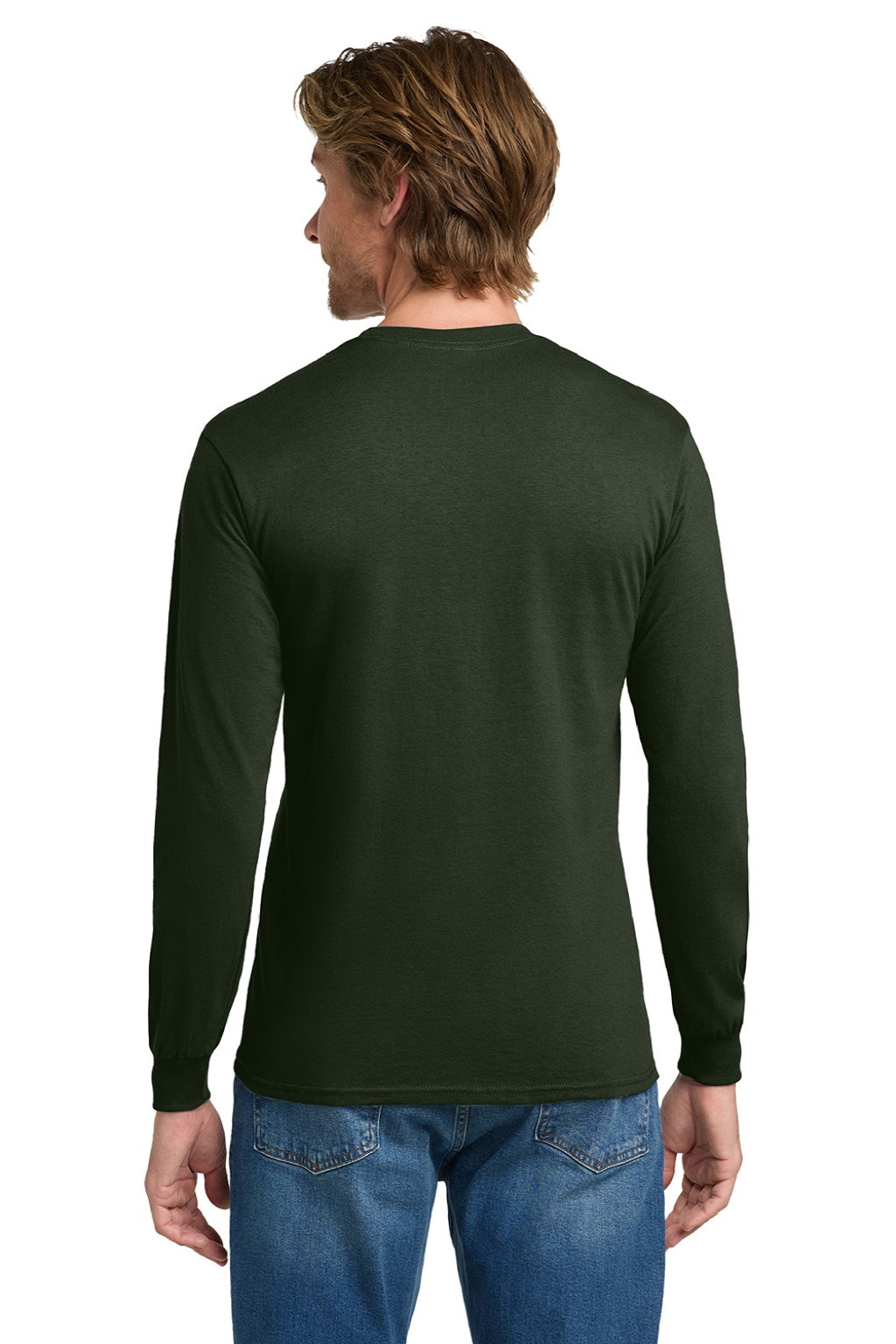 Gildan 5400 Mens Long Sleeve Crewneck T-Shirt Forest Green Model Back