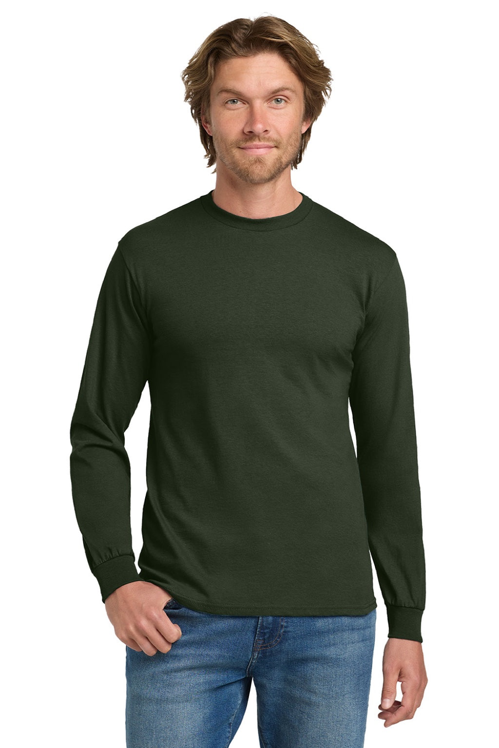 Gildan 5400 Mens Long Sleeve Crewneck T-Shirt Forest Green Model Front