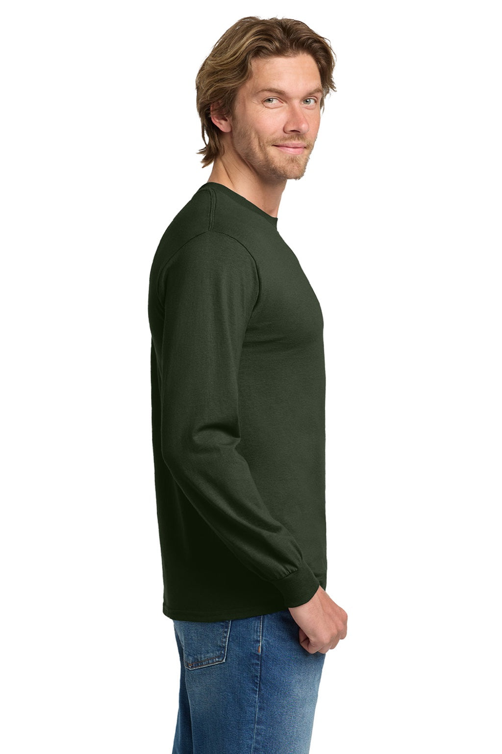 Gildan 5400 Mens Long Sleeve Crewneck T-Shirt Forest Green Model Side