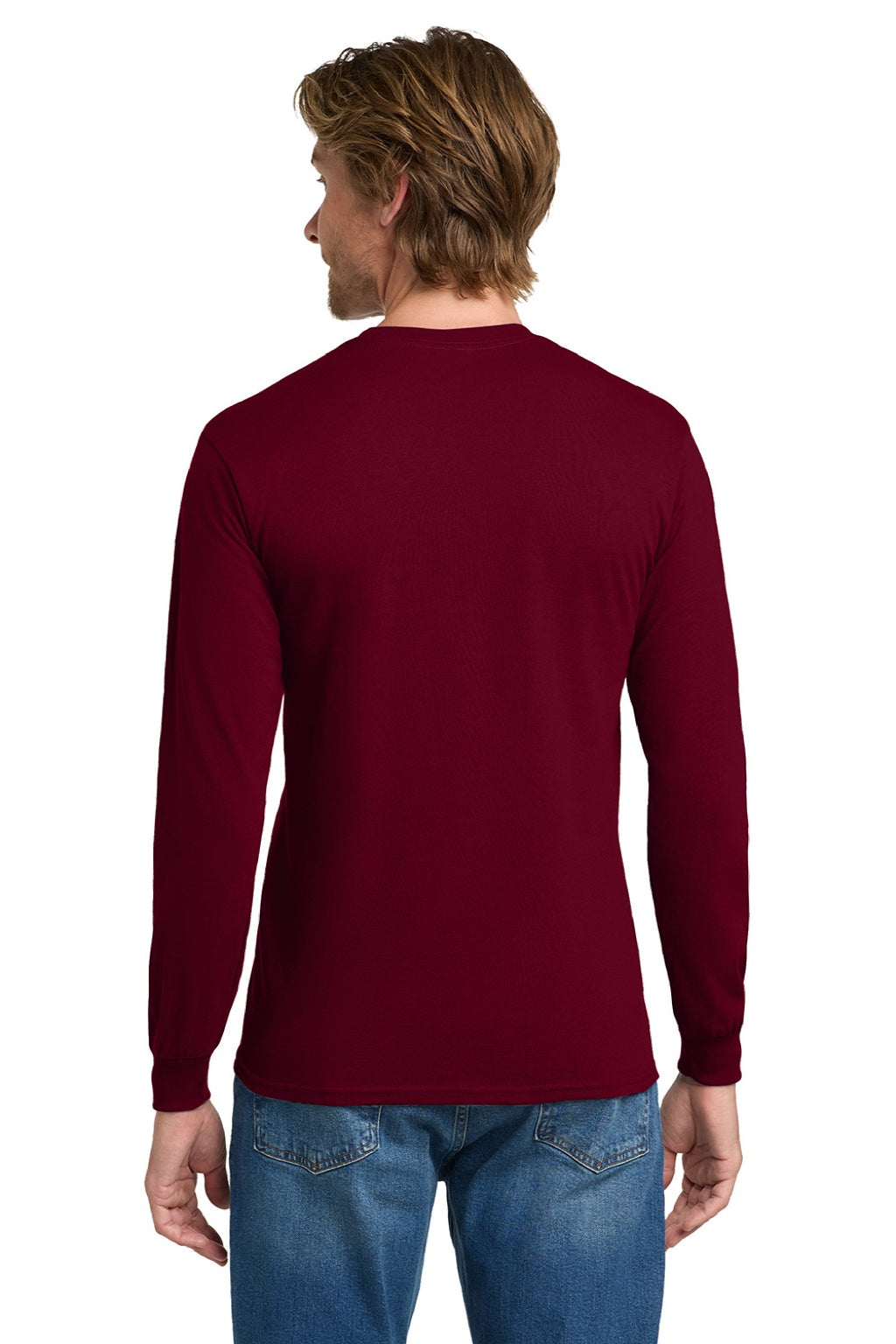 Gildan 5400 Mens Long Sleeve Crewneck T-Shirt Garnet Red Model Back