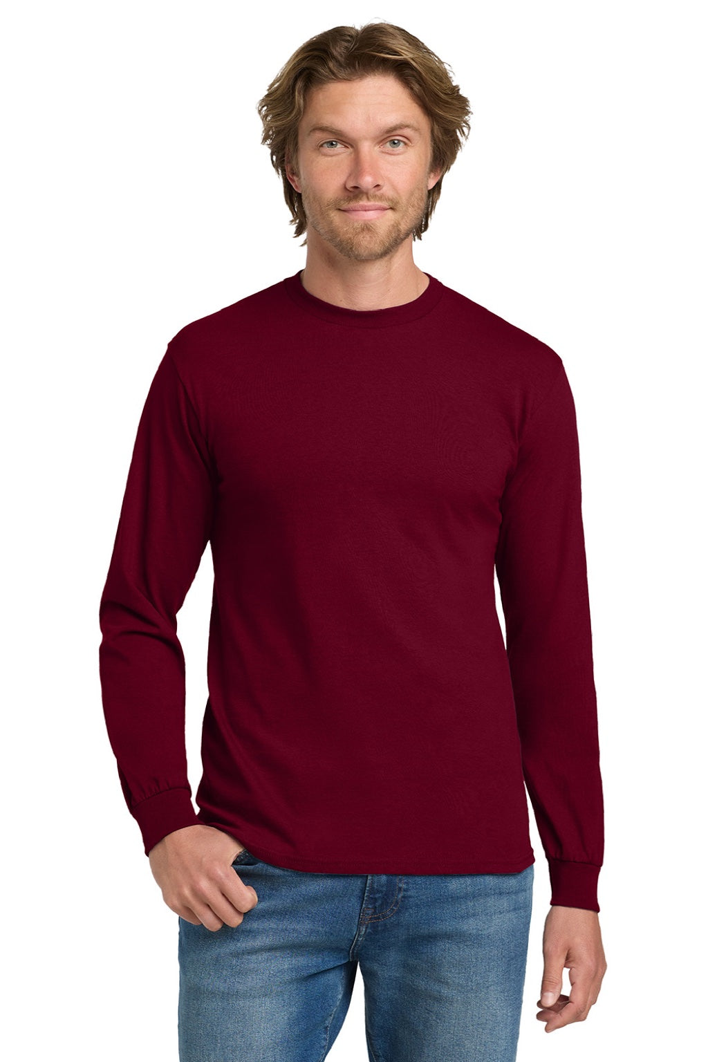Gildan 5400 Mens Long Sleeve Crewneck T-Shirt Garnet Red Model Front